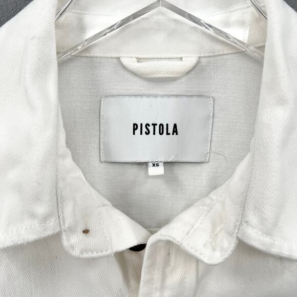 PISTOLA Denim Cut Off Crop Shirt Jacket Womens XS White Distressed Button Front - Picture 11 of 15